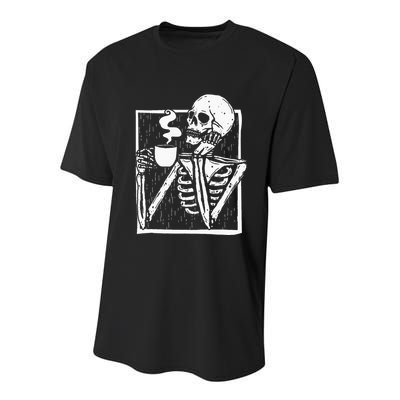 Halloween Coffee Drinking Skeleton Skull Youth Performance Sprint T-Shirt