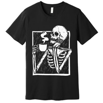Halloween Coffee Drinking Skeleton Skull Premium T-Shirt