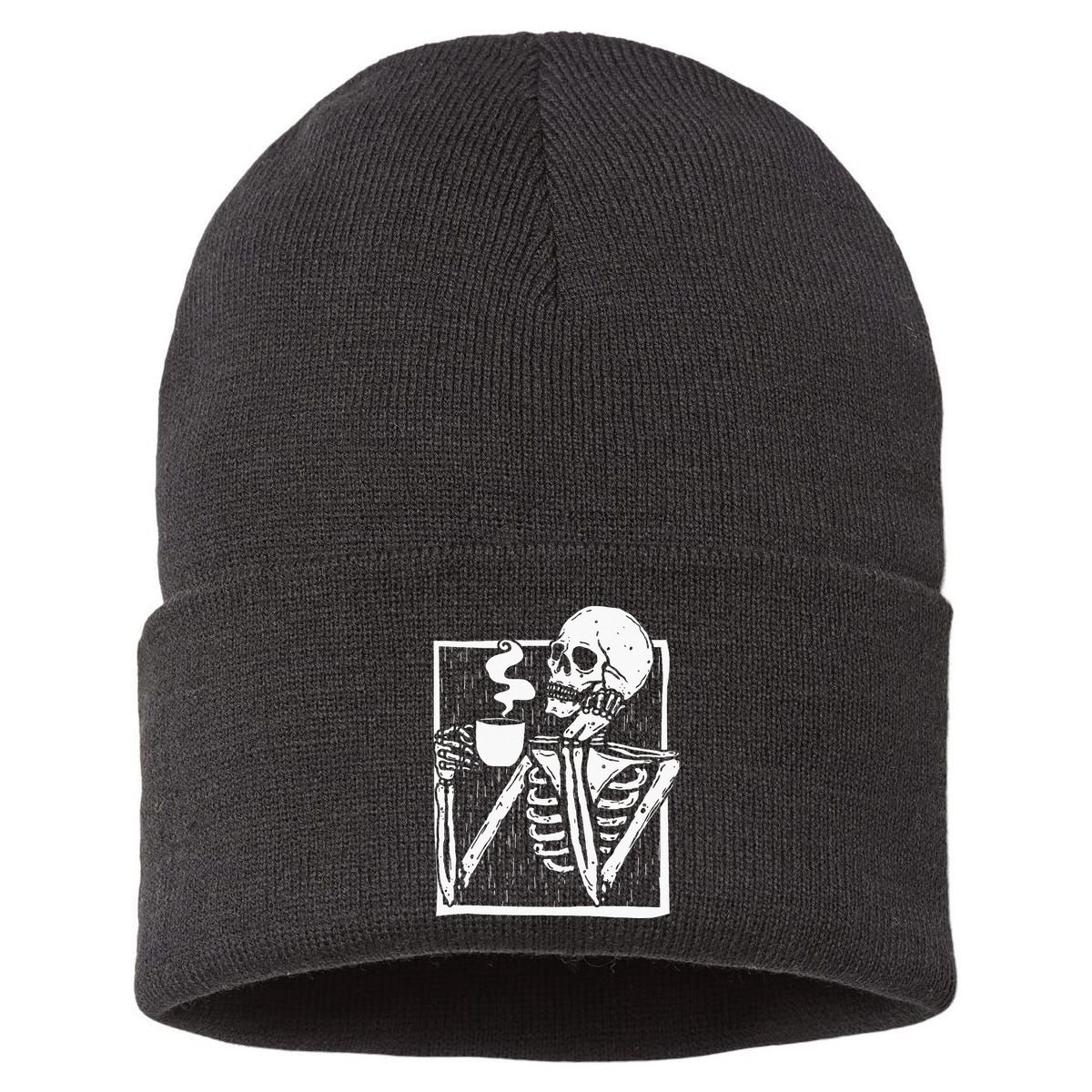 Halloween Coffee Drinking Skeleton Skull Sustainable Knit Beanie