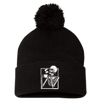 Halloween Coffee Drinking Skeleton Skull Pom Pom 12in Knit Beanie