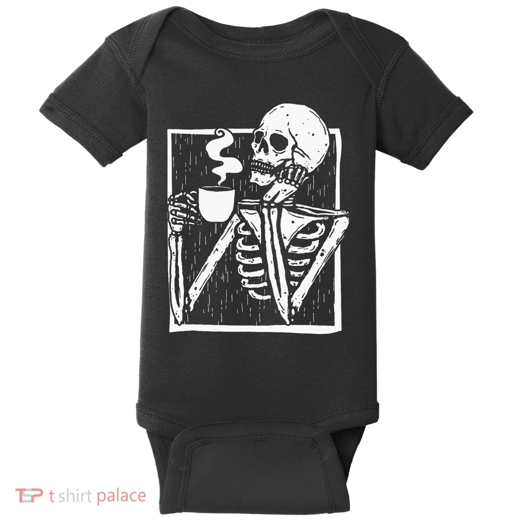 Halloween Coffee Drinking Skeleton Skull Baby Bodysuit