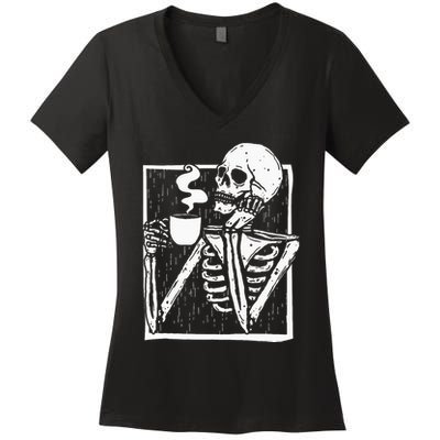 Halloween Coffee Drinking Skeleton Skull Women's V-Neck T-Shirt