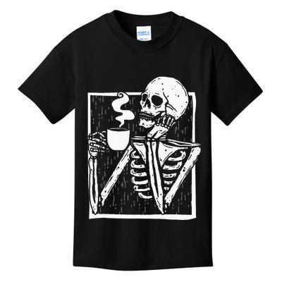 Halloween Coffee Drinking Skeleton Skull Kids T-Shirt