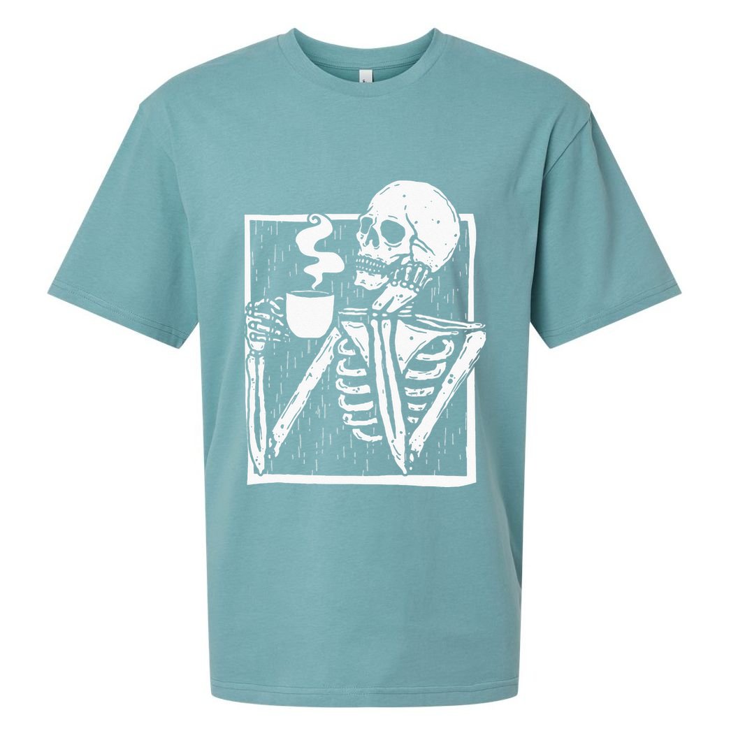 Halloween Coffee Drinking Skeleton Skull Sueded Cloud Jersey T-Shirt