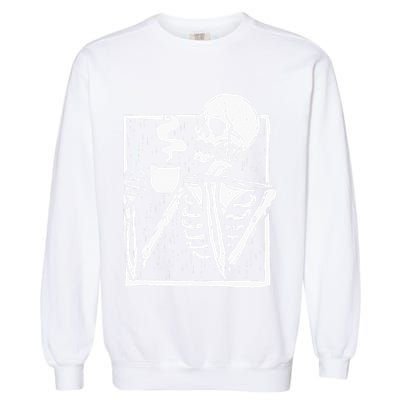 Halloween Coffee Drinking Skeleton Skull Garment-Dyed Sweatshirt