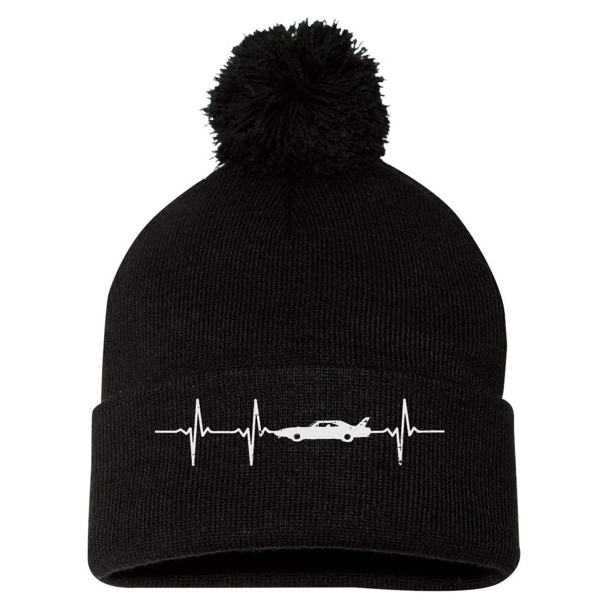Heartbeat Car Drag Race Pulse Strip Driver Racing Racer Gift Pom Pom 12in Knit Beanie