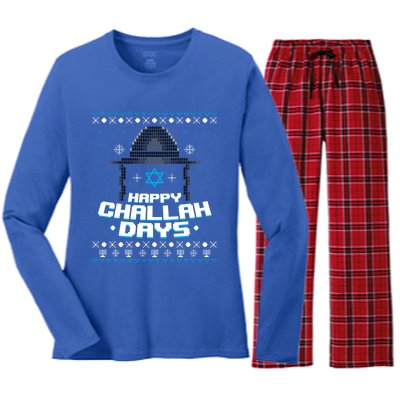 Happy Challah Days Jewish Hanukkah Ugly Christmas Sweater Gift Women's Long Sleeve Flannel Pajama Set 