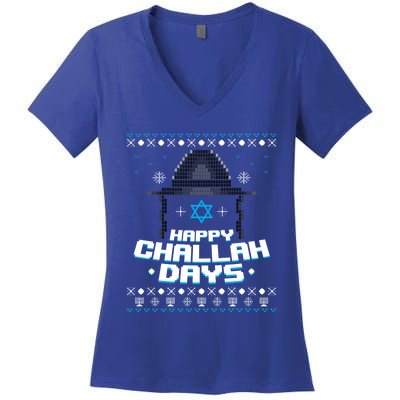 Happy Challah Days Jewish Hanukkah Ugly Christmas Sweater Gift Women's V-Neck T-Shirt