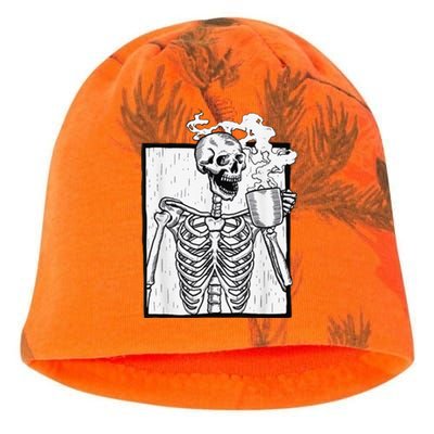 Halloween Coffee Drinking Skeleton Skull Kati - Camo Knit Beanie