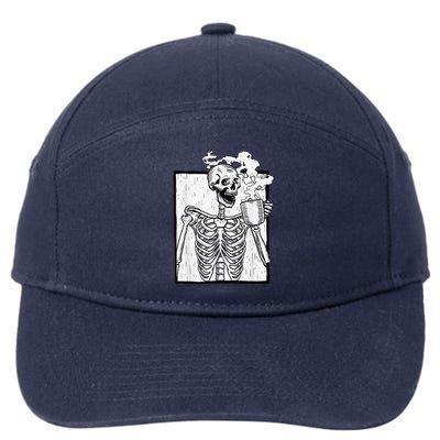 Halloween Coffee Drinking Skeleton Skull 7-Panel Snapback Hat