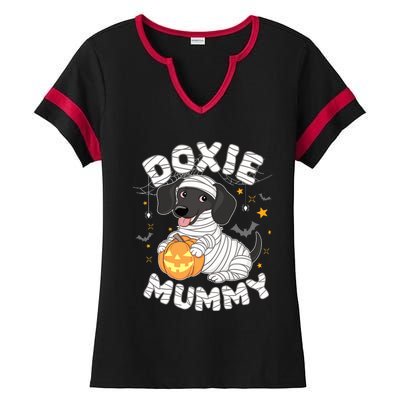 Halloween Costume Dachshund Dog Lover Doxie Mummy Ladies Halftime Notch Neck Tee