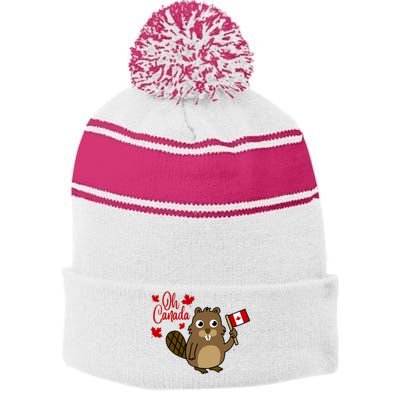 Happy Canada Day Funny Canadian Groundhog Flag Stripe Pom Pom Beanie