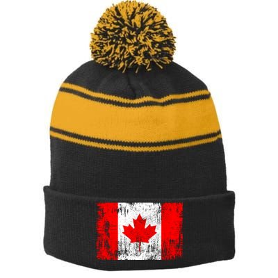 Happy Canada Day Distressed Canada Flag Stripe Pom Pom Beanie