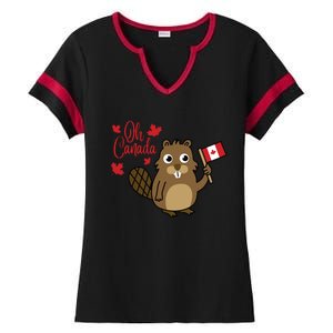 Happy Canada Day Funny Canadian Groundhog Flag Ladies Halftime Notch Neck Tee