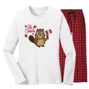 Happy Canada Day Funny Canadian Groundhog Flag Women's Long Sleeve Flannel Pajama Set 