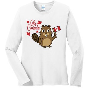 Happy Canada Day Funny Canadian Groundhog Flag Ladies Long Sleeve Shirt