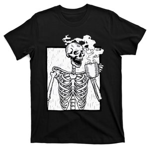 Halloween Coffee Drinking Skeleton Skull T-Shirt