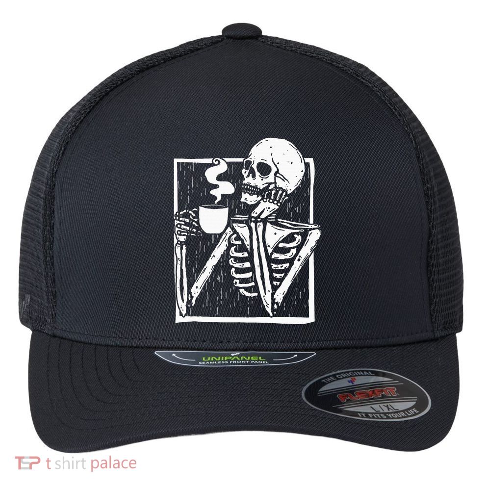 Halloween Coffee Drinking Skeleton Skull Flexfit Unipanel Trucker Cap