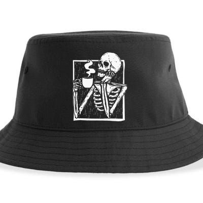 Halloween Coffee Drinking Skeleton Skull Sustainable Bucket Hat