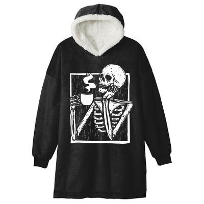 Halloween Coffee Drinking Skeleton Skull Hooded Wearable Blanket