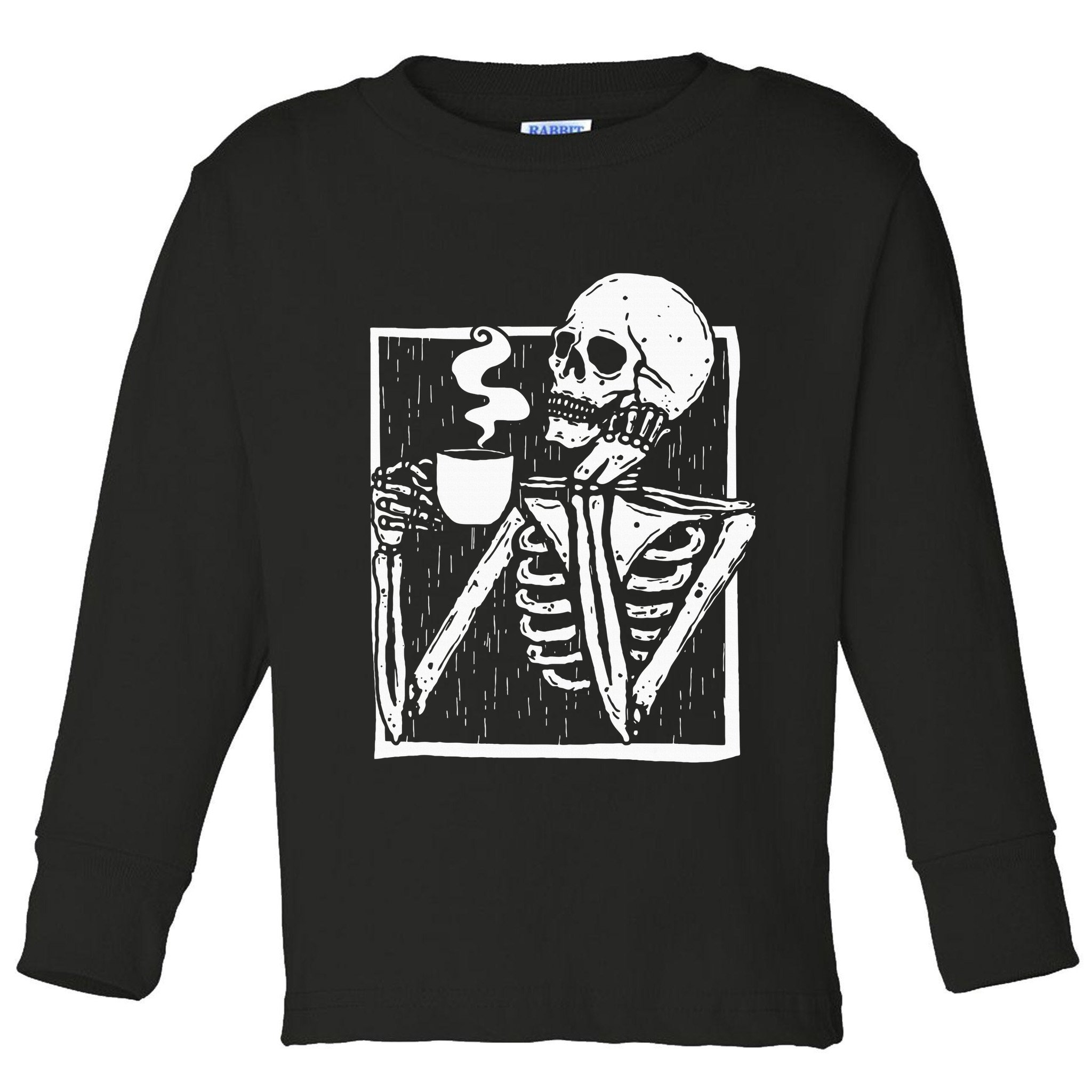 Halloween Coffee Drinking Skeleton Skull Toddler Long Sleeve Shirt