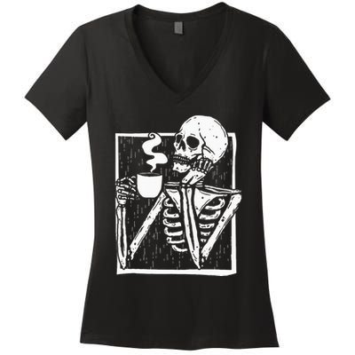 Halloween Coffee Drinking Skeleton Skull Women's V-Neck T-Shirt