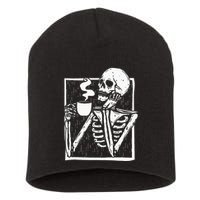 Halloween Coffee Drinking Skeleton Skull Short Acrylic Beanie