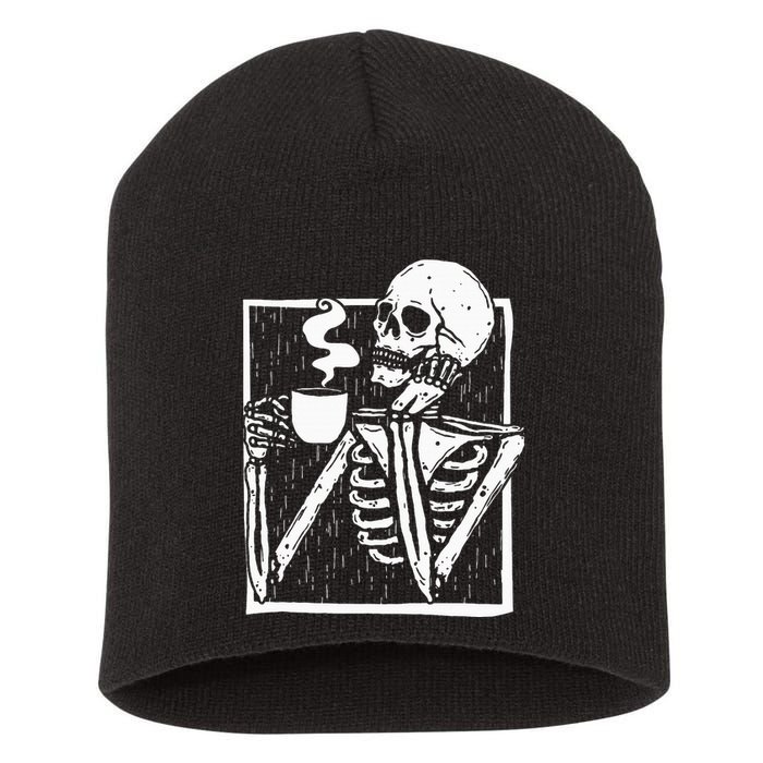Halloween Coffee Drinking Skeleton Skull Short Acrylic Beanie