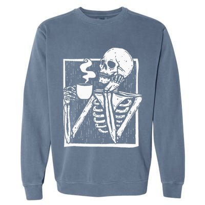 Halloween Coffee Drinking Skeleton Skull Garment-Dyed Sweatshirt