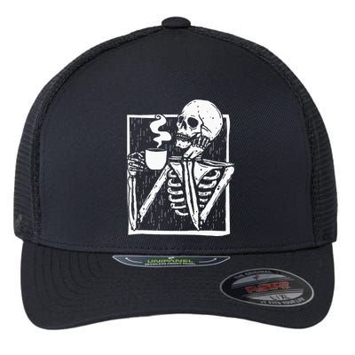 Halloween Coffee Drinking Skeleton Skull Flexfit Unipanel Trucker Cap
