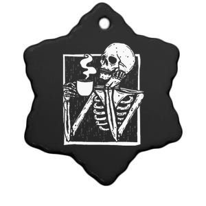 Halloween Coffee Drinking Skeleton Skull Ceramic Star Ornament