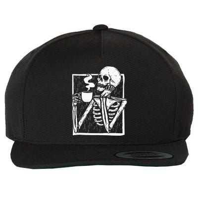 Halloween Coffee Drinking Skeleton Skull Wool Snapback Cap