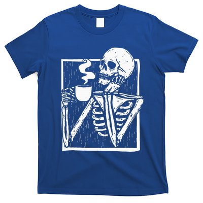 Halloween Coffee Drinking Skeleton Skull T-Shirt