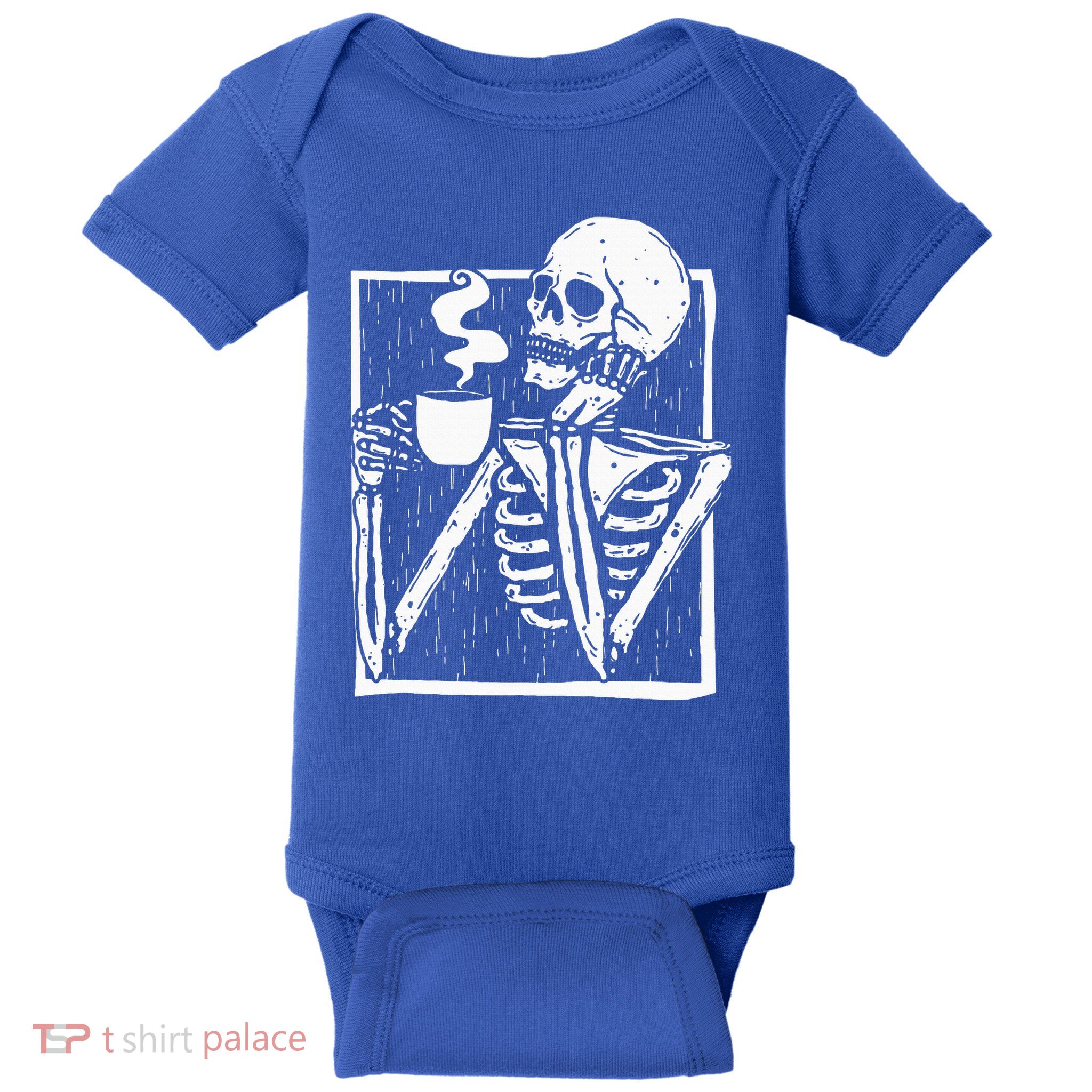 Halloween Coffee Drinking Skeleton Skull Baby Bodysuit