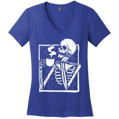 Halloween Coffee Drinking Skeleton Skull Women's V-Neck T-Shirt