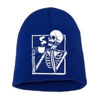 Halloween Coffee Drinking Skeleton Skull Short Acrylic Beanie