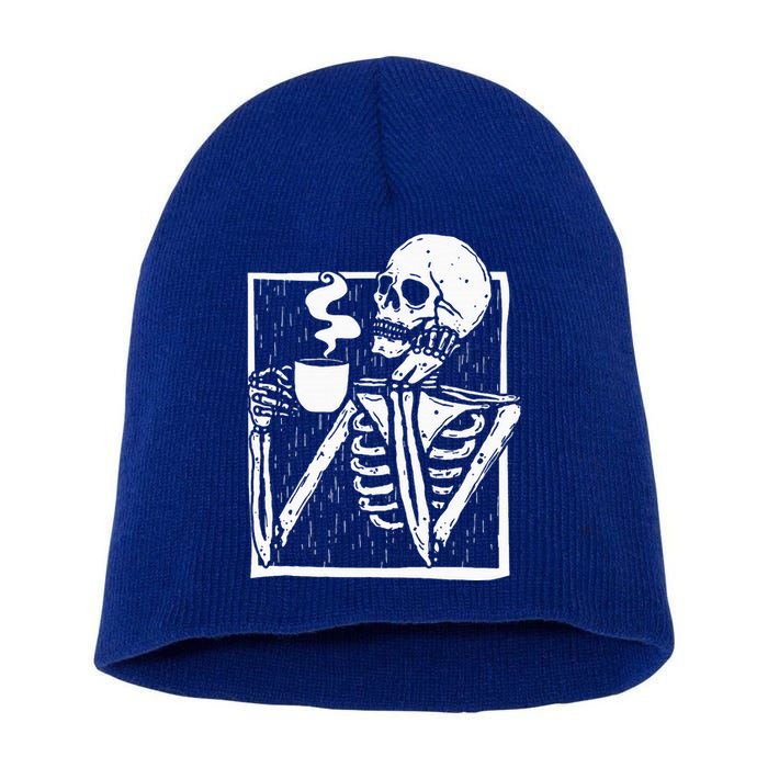 Halloween Coffee Drinking Skeleton Skull Short Acrylic Beanie