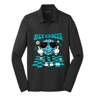 Hey Cancer Funny Ovarian Cancer Awareness Teal Ribbon Ovarian Cancer Silk Touch Performance Long Sleeve Polo