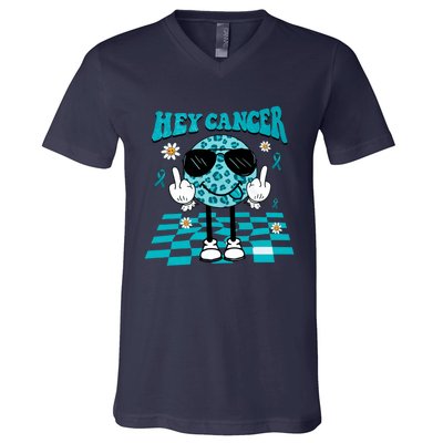 Hey Cancer Funny Ovarian Cancer Awareness Teal Ribbon Ovarian Cancer V-Neck T-Shirt