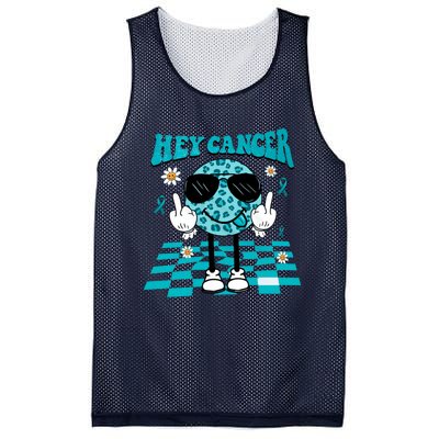 Hey Cancer Funny Ovarian Cancer Awareness Teal Ribbon Ovarian Cancer Mesh Reversible Basketball Jersey Tank