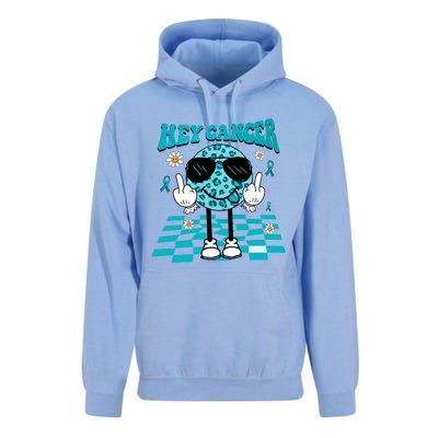 Hey Cancer Funny Ovarian Cancer Awareness Teal Ribbon Ovarian Cancer Unisex Surf Hoodie