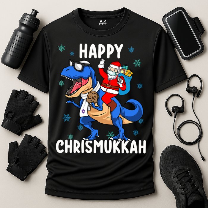 Happy Chrismukkah Funny Hanukkah Christmas Jewish Xmas Santa Dinosaur Cooling Performance Crew T-Shirt