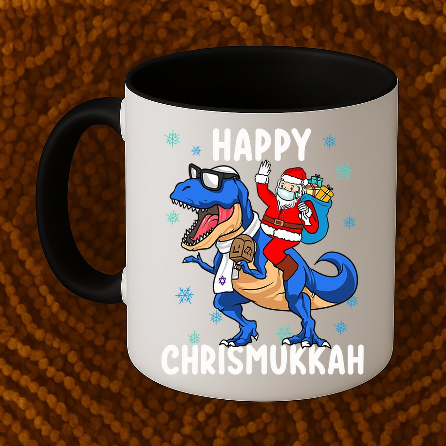 Happy Chrismukkah Funny Hanukkah Christmas Jewish Xmas Santa Dinosaur Mug