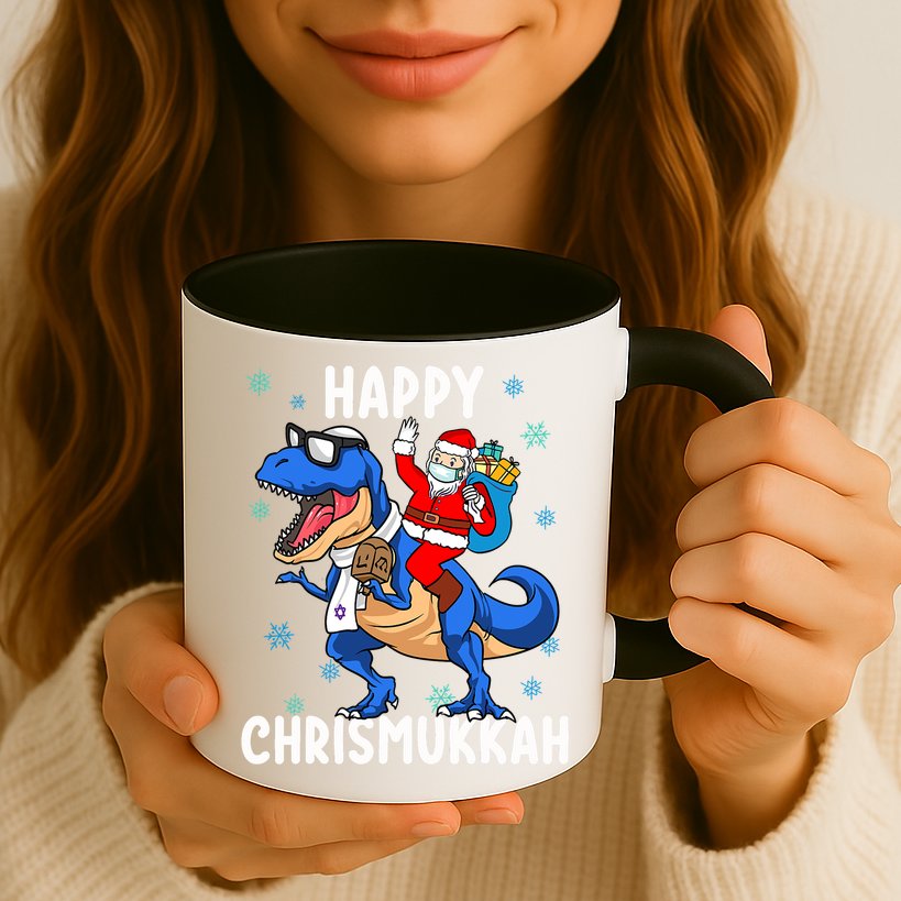 Happy Chrismukkah Funny Hanukkah Christmas Jewish Xmas Santa Dinosaur Mug