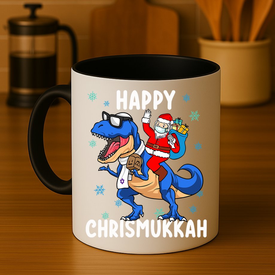 Happy Chrismukkah Funny Hanukkah Christmas Jewish Xmas Santa Dinosaur Mug