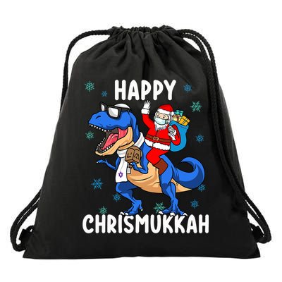 Happy Chrismukkah Funny Hanukkah Christmas Jewish Xmas Santa Dinosaur Drawstring Bag
