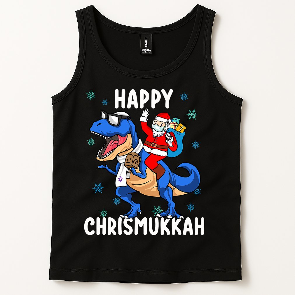 Happy Chrismukkah Funny Hanukkah Christmas Jewish Xmas Santa Dinosaur Tank Top