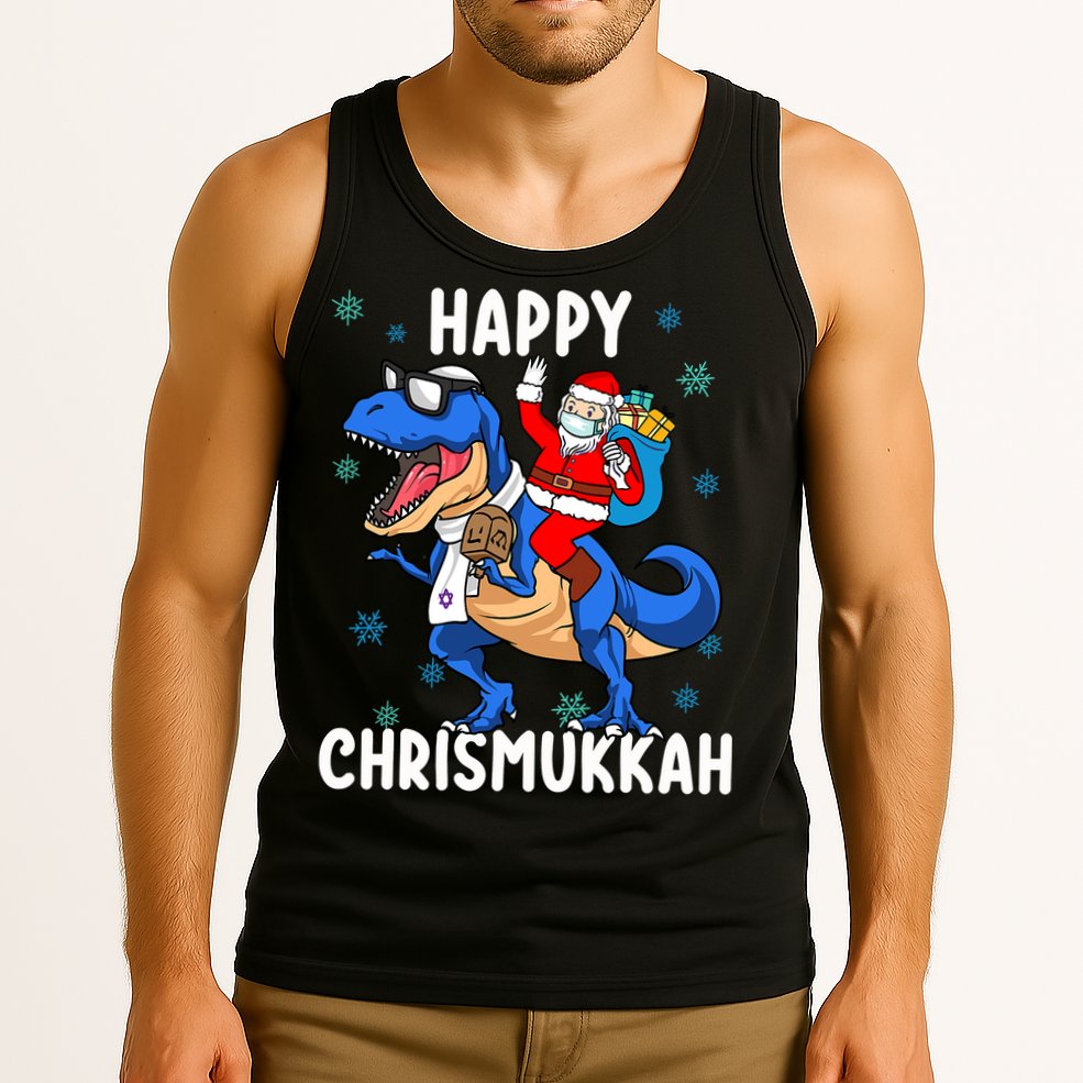 Happy Chrismukkah Funny Hanukkah Christmas Jewish Xmas Santa Dinosaur Tank Top