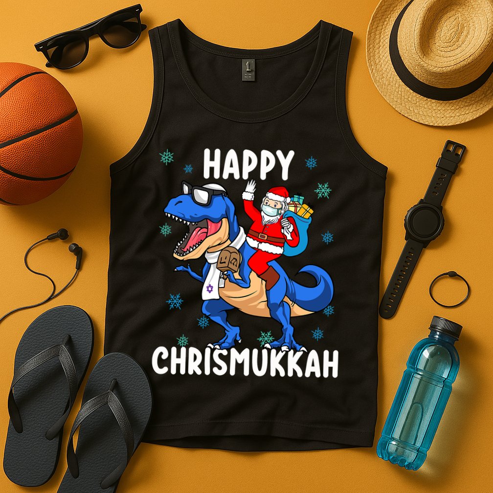 Happy Chrismukkah Funny Hanukkah Christmas Jewish Xmas Santa Dinosaur Tank Top