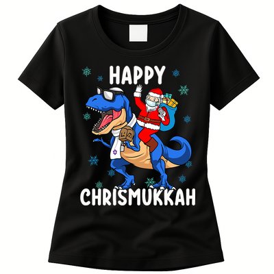 Happy Chrismukkah Funny Hanukkah Christmas Jewish Xmas Santa Dinosaur Womens T-Shirt